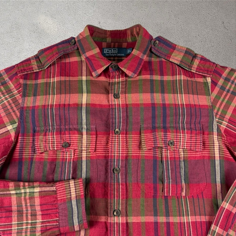 VTG‎ Polo Ralph Lauren Plaid Button Shirt Large Linen Blend Safari Epaulets 90s